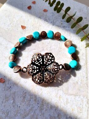 Feminine Copper Filigree & Turquoise Howlite Stretch Bracelet ~ 7" ~ Boho Chic!